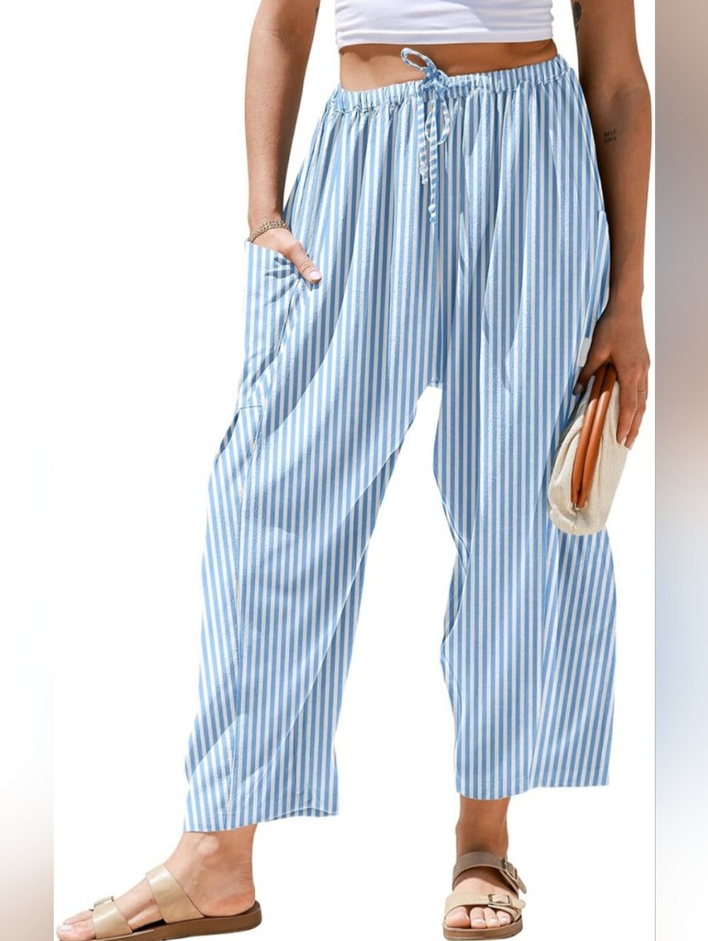 NWT Light Blue And White Striped Wide-Leg Flowy Drawstring Pants